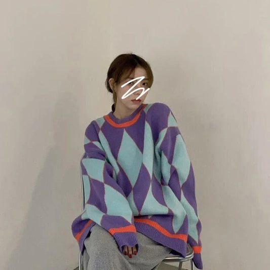 MEXZT Streetwear Argyle Sweater Women Oversized Plaid Knitted Pullovers Vintage Korean Loose Knitwear Harajuku Casual Jumper New-belleandkai.com