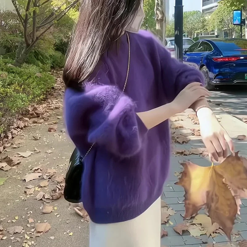 Purple Sweater Top Women's Autumn  Winter Plush Fluffy Soft Loose Hair Pullover Sweater Jumper Streetwear Y2k-belleandkai.com