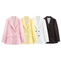 Fashion Yellow Blazer Woman Elegant Chic Pockets Double Buttons Long Sleeve Loose Coat 2025 New spring Office Lady Solid Suits-belleandkai.com
