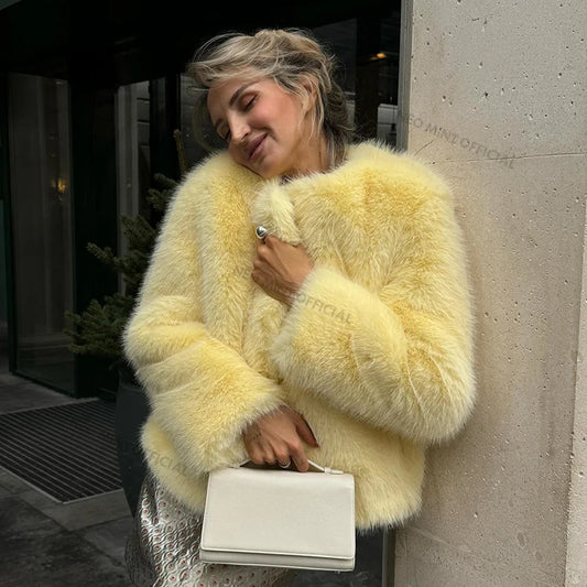 Neo Mint Cool Street Girls Winter Fashion Fluffy Fox Fur Jacket Women Casual Round Neck Faux Fur Coat Chic Thick Warm Outerwear-belleandkai.com