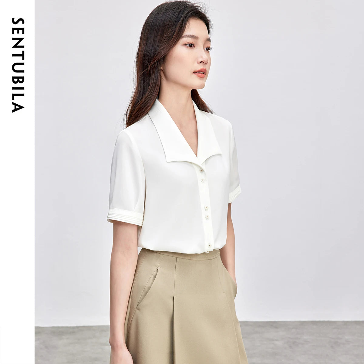 SENTUBILA Turn Down Collar Shirt Women Summer 2025 Twill Texture Chic Button Short Sleeve Elegant Solid Woman Blouse 152C87931-belleandkai.com