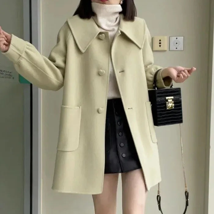 Autumn Winter New Style Slimming Long Coat with Heart Buckle Doll Collar Knitted Outerwear for Women Chinese Brand AE Stock-belleandkai.com