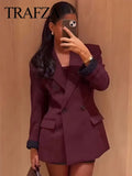 TRAFZA Vintage Woman Burgundy Red Blazer lapel Double Breasted Long Sleeve Suit Coat Women's 2024 Autumn Office Lady Outwear-belleandkai.com
