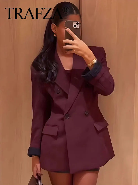 TRAFZA Vintage Woman Burgundy Red Blazer lapel Double Breasted Long Sleeve Suit Coat Women's 2024 Autumn Office Lady Outwear-belleandkai.com