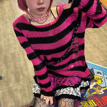 New Streetwear Top Punk Gothic Long Unisex Sweater Summer Women Striped Cool Hollow Out Hole Broken Jumper Loose Rock Thin Dark-belleandkai.com