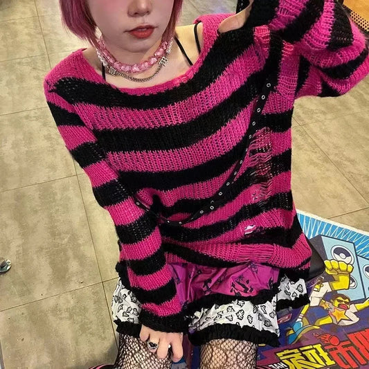 New Streetwear Top Punk Gothic Long Unisex Sweater Summer Women Striped Cool Hollow Out Hole Broken Jumper Loose Rock Thin Dark-belleandkai.com