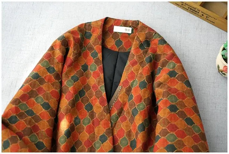 Winter New Cotton Jacket Women All-match Loose Plus Size Chinese Style Buttons Print Patchwork Comfortable Linen Oversized Coats-belleandkai.com