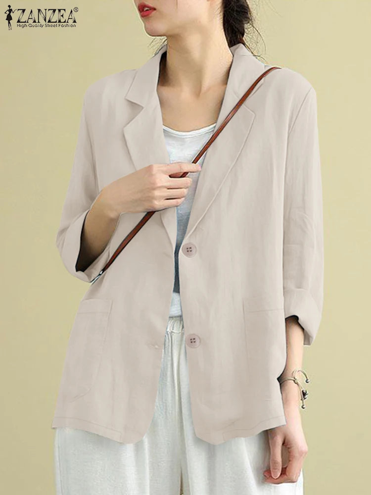 Women's Autumn Cotton Coats ZANZEA Fashion Lapel Neck Long Sleeve Blazer Thin Jackets Casual Officewear Suits OL Work Outwears-belleandkai.com