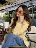 TRAFZA Female Autumn Fashion Yellow Blazer Long Sleeves Solid O Neck Single Breasted Casual Office Lady Outerwear Elegant Coats-belleandkai.com