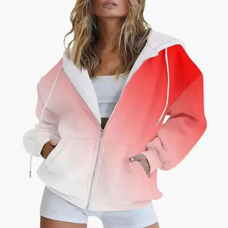 Autumn new gradient 3D digital printed casual long sleeved zipper hooded sweatshirt for women-belleandkai.com