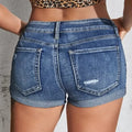 Women's Split Denim Shorts Summer Beach Wild Fashion Sexy Mid Waist Curled Cuff Perforated Elastic Slim Fit Casual Shorts-belleandkai.com