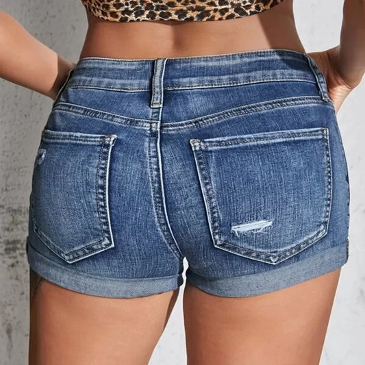 Women's Split Denim Shorts Summer Beach Wild Fashion Sexy Mid Waist Curled Cuff Perforated Elastic Slim Fit Casual Shorts-belleandkai.com