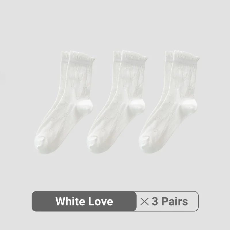 Women White Cream Lace Stackable Mid Calf Socks Bow Heart Star Design K-Style Spring Summer Thin Socks-belleandkai.com