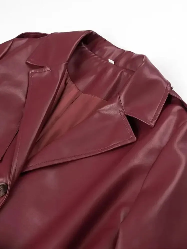 2025 Women New Fashion With Belt Long style Single Breasted Faux Leather Coat Vintage Long Sleeve Pockets Female Outerwear-belleandkai.com
