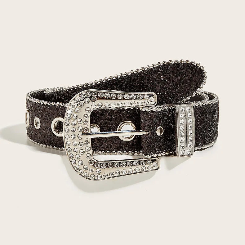 Stylish Rhinestone Western Cowgirl Style Y2K Belt Sparking Pu Leather BB Belts Jeans Dress Accessories For Women-belleandkai.com