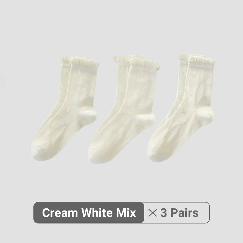 Women White Cream Lace Stackable Mid Calf Socks Bow Heart Star Design K-Style Spring Summer Thin Socks-belleandkai.com