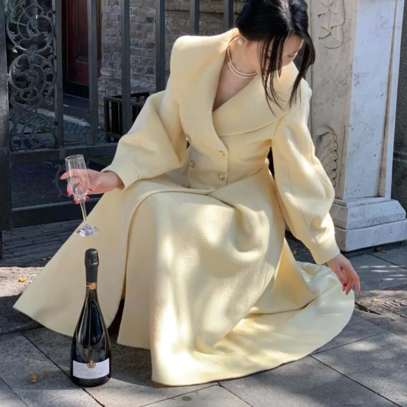Fashion Women's Long Coats Winter New Outerwear Lapel Double Breasted Lantern Sleeve Solid Vintage Chic Woolen Overcoats-belleandkai.com
