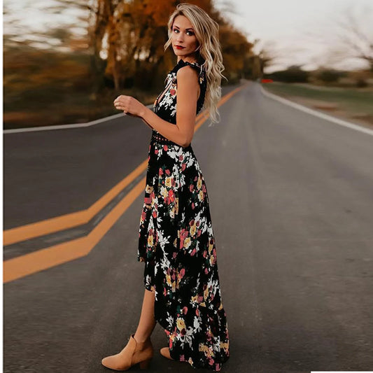 Mode Vrouwen Mouwloze Bloemenprint Onregelmatige Zoom Backless Lange Tank Jurk Backless Onregelmatige Grote Zoom Bloemenprint Ju-belleandkai.com