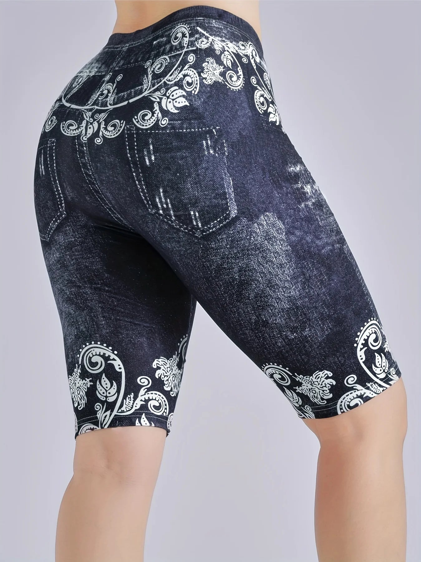 3 Piece Set Of Lmitation Denim Leggings For Women Butterfly Waist Fruit Flower Elastic Shorts High Waist Casual-belleandkai.com
