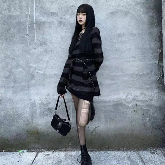 New Streetwear Top Punk Gothic Long Unisex Sweater Summer Women Striped Cool Hollow Out Hole Broken Jumper Loose Rock Thin Dark-belleandkai.com
