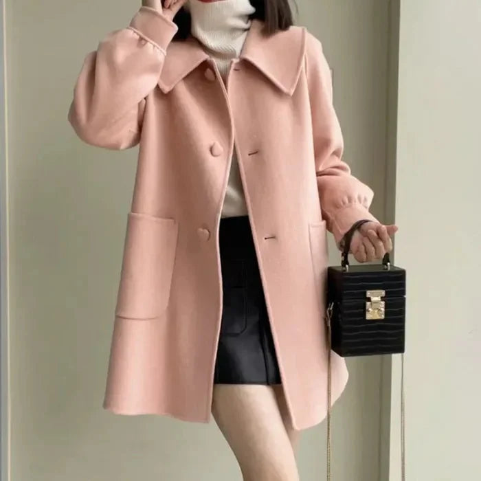 Autumn Winter New Style Slimming Long Coat with Heart Buckle Doll Collar Knitted Outerwear for Women Chinese Brand AE Stock-belleandkai.com