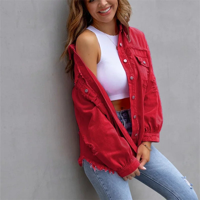 Fashion Broken Holes Solid Color Denim Jacket Ladies Comfortable Casual Loose Button Cardigan Coat Streetwear Women's Outerwear-belleandkai.com
