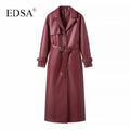 EDSA Women Luxury Faux Leather Jacket Coat with Belt for Autumn Winter Loose Long Windbreaker Trench Vintage Outerwear-belleandkai.com