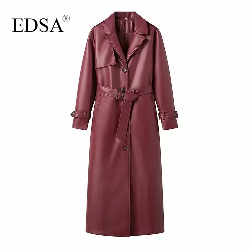 EDSA Women Luxury Faux Leather Jacket Coat with Belt for Autumn Winter Loose Long Windbreaker Trench Vintage Outerwear-belleandkai.com
