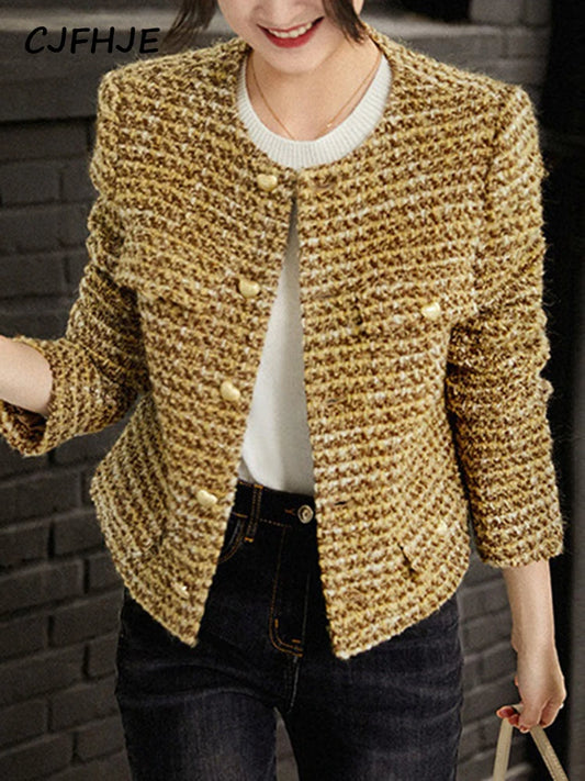 CJFHJE Women's Gold Short Woolen Coat  Autumn Winter New Korean Fashion Tweed Coat Elegant Retro Female OL Outwear Wool Jacket-belleandkai.com