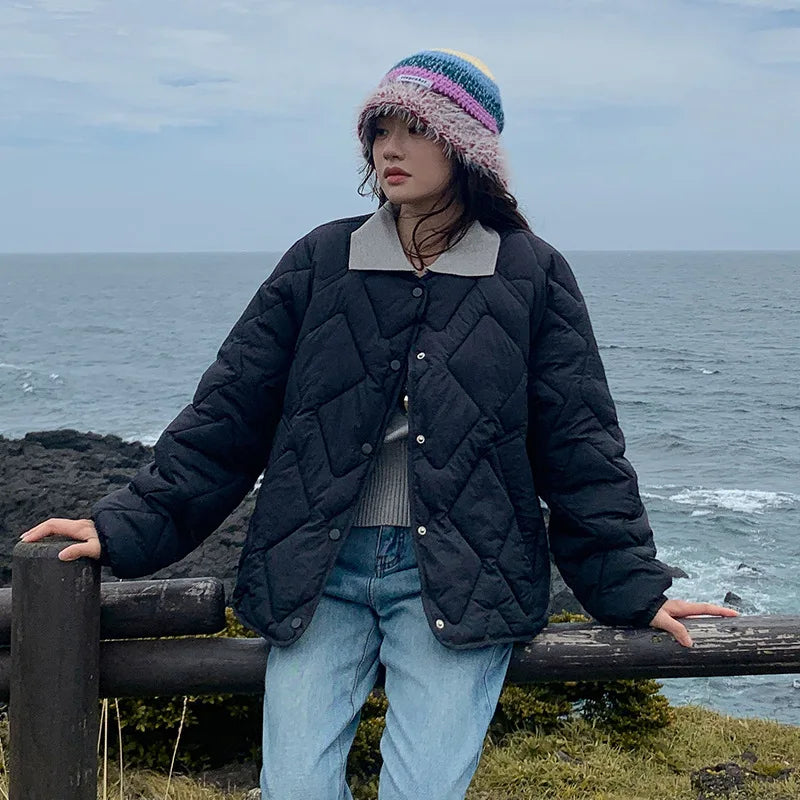 Autumn Winter Quilted Jacket Women Cotton Coat Warm Parkas Single-breasted Long Sleeve Design O-neck Outerwear Black Blue Yellow-belleandkai.com