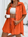 2024 Summer Fashion Sports Casual Cotton Linen Two Piece Set for Women's Single Breasted Shirt Elastic Waist Short Two Piece Set-belleandkai.com