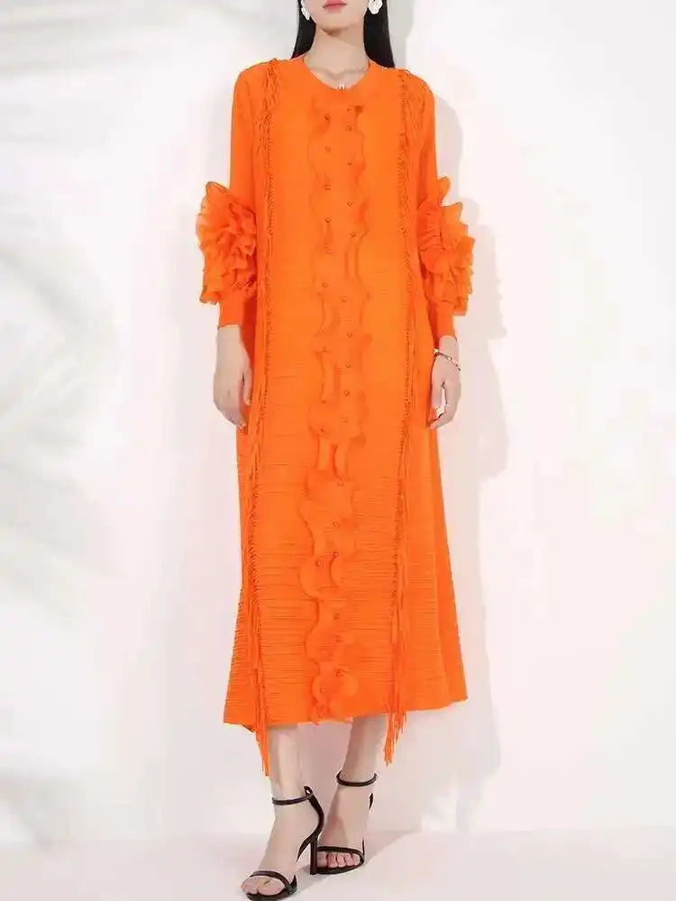 LANMREM Pleated Dress For Women V Neck Long Sleeves Solid Color Loose Big Size Female Elegant Clothing 2025 Spring New 2DB1281-belleandkai.com