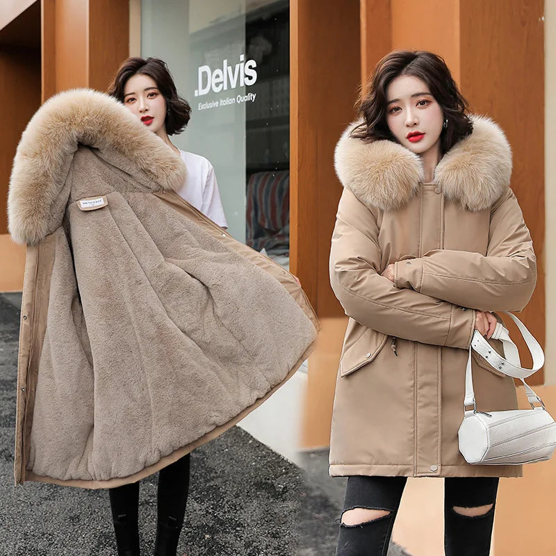 Women Parka Fashion Long Coat Wool Liner Hooded Parkas 2023 New Winter Jacket Slim with Fur Collar Warm Snow Wear Padded Clothes-belleandkai.com