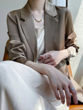 Women Blazers Spring Summer New Fashion Korean Silk Satin Suit V-neck Loose Top Jacket Single Button Suit Blazers Outerwear-belleandkai.com