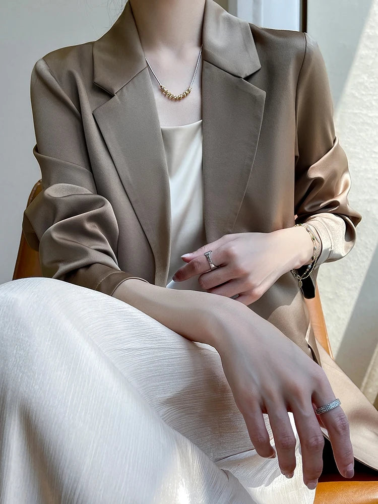 Women Blazers Spring Summer New Fashion Korean Silk Satin Suit V-neck Loose Top Jacket Single Button Suit Blazers Outerwear-belleandkai.com
