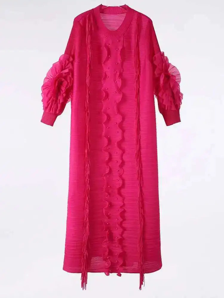 LANMREM Pleated Dress For Women V Neck Long Sleeves Solid Color Loose Big Size Female Elegant Clothing 2025 Spring New 2DB1281-belleandkai.com