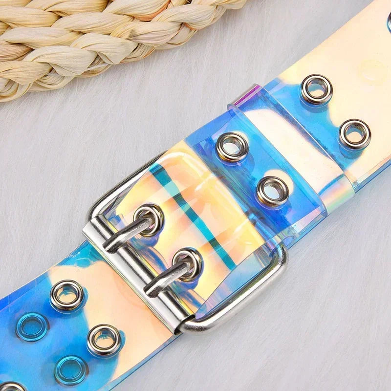 Women Summer Fashion Creative Gifts Waistband Transparent Two Row PVC Belt Laser Invisible Square Pin Buckle Multi Hole Belts-belleandkai.com