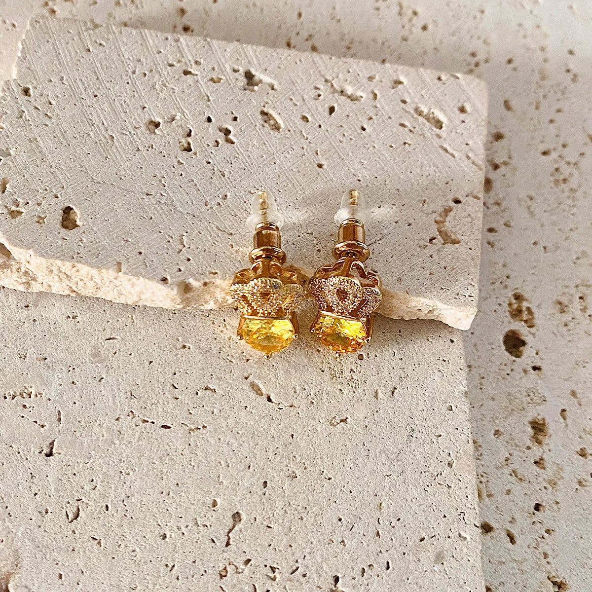 Lxalry Citrine Studs – Gold & Diamond Hypoallergenic Earrings, November Birthstone Gift for Success & Wisdom-belleandkai.com