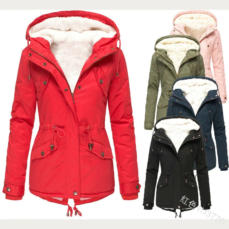 Women's Winter Jacket Warm Solid Plush Thickened Long Winter Coat Outdoor Hiking Hooded Casual Windproof Parka Coat Overcoat-belleandkai.com