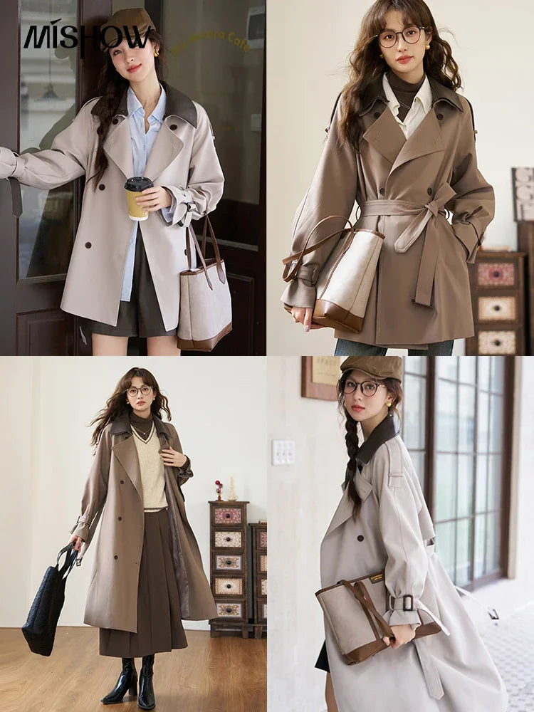 Women's Trench  Detachable Double Layer Leather Collar Solid Loose Double Breasted  A-LINE Coats-belleandkai.com