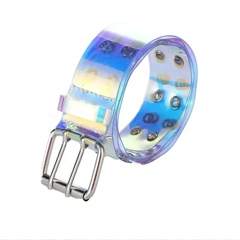 Women Summer Fashion Creative Gifts Waistband Transparent Two Row PVC Belt Laser Invisible Square Pin Buckle Multi Hole Belts-belleandkai.com