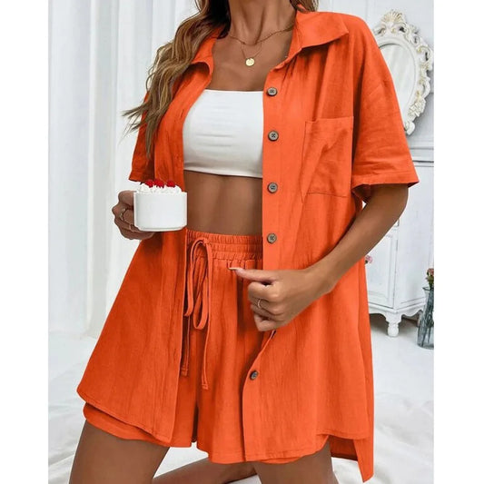 Long Sleeve Single breasted Top Broad legged Shorts Set Fashion Ladies Sexy Solid Suits 2024 Summer 2 Piece Outfits For Women-belleandkai.com