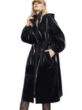 Mauroicardi Spring Waterproof Shiny Reflective Black Hard Patent Faux Leather Coat Women with Detachable Hood Zip Up Streetwear-belleandkai.com