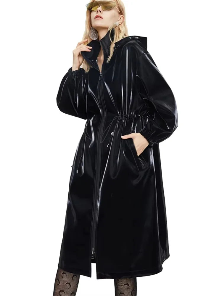 Mauroicardi Spring Waterproof Shiny Reflective Black Hard Patent Faux Leather Coat Women with Detachable Hood Zip Up Streetwear-belleandkai.com