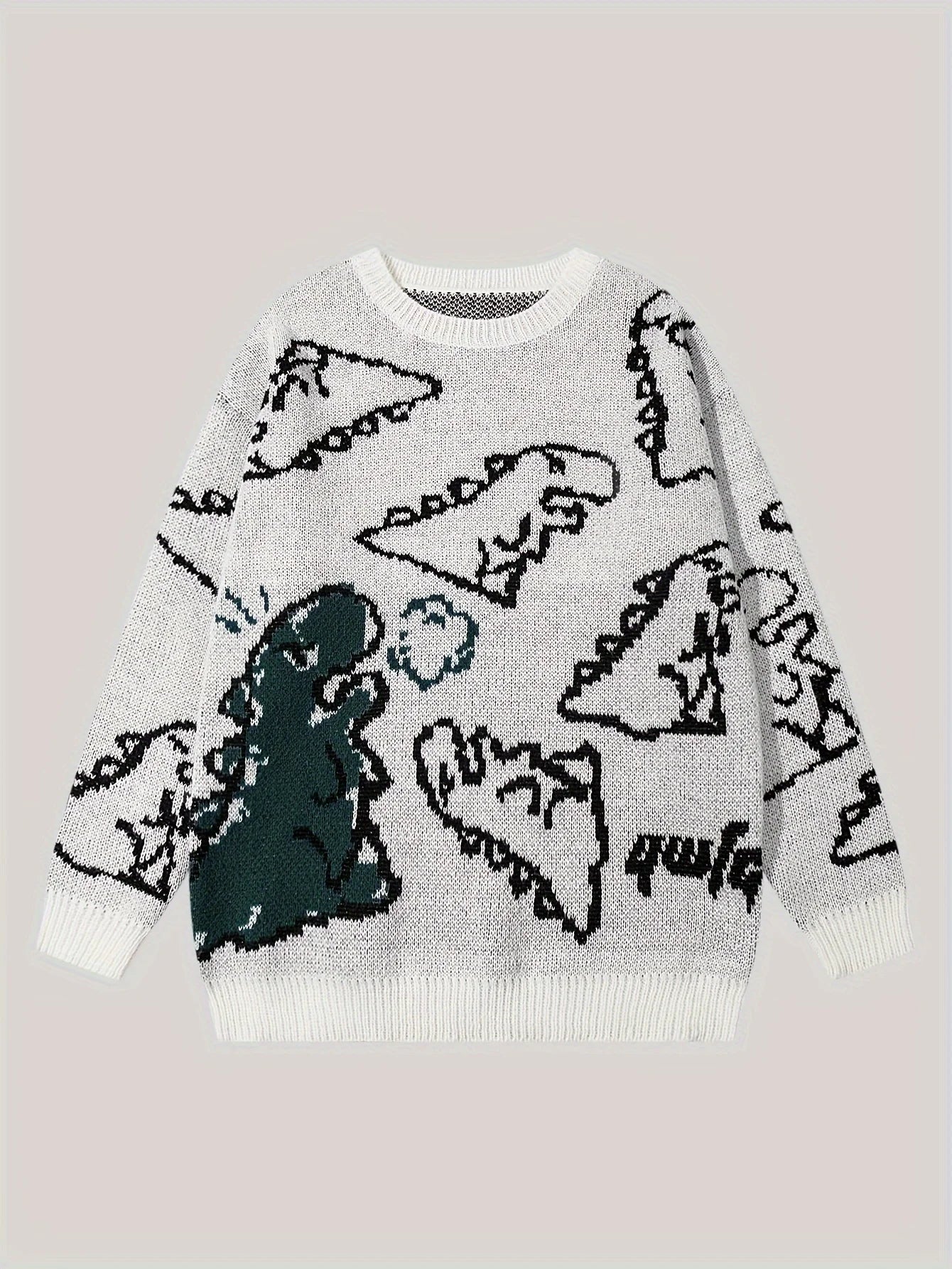 Women's Oversized Dinosaur Pattern Sweater - Cozy Long Sleeve Pullover for Casual Wear-belleandkai.com