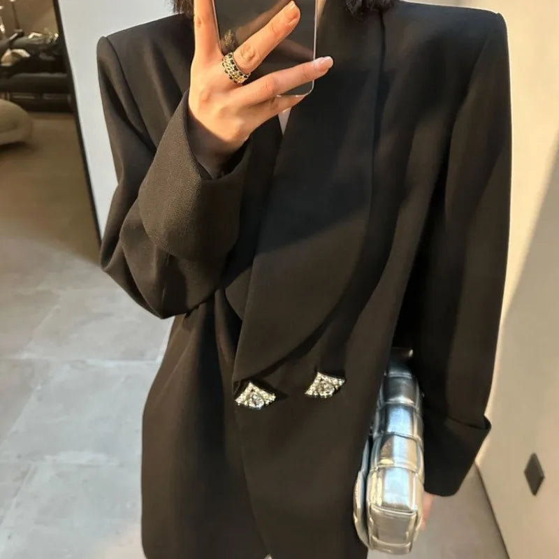 Chic High-end Blazer Design Women Clothing Trend Spring Autumn Jackets Mid-length Coats Loose Button Blazer Long Sleeve Tops New-belleandkai.com