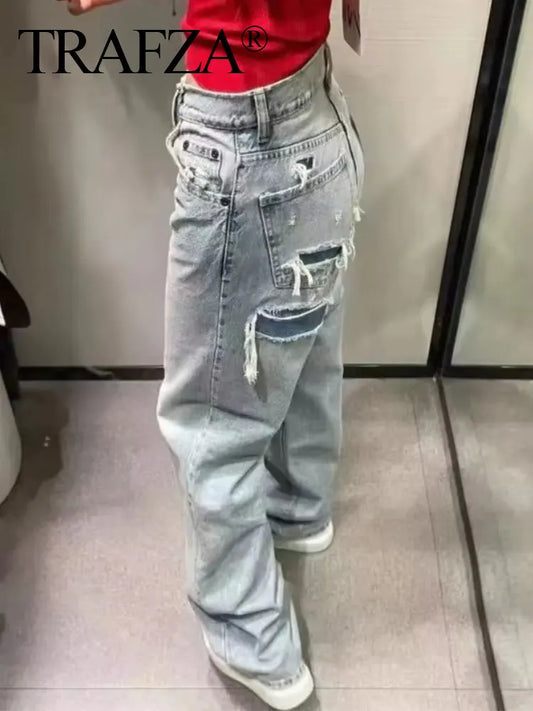 TRAFZA Jeans For Women 2024 Denim Solid Loose Zipper Fly Female Hole Trouser Pockets Wild Basic Commute Woman Wide Leg Long Pant-belleandkai.com