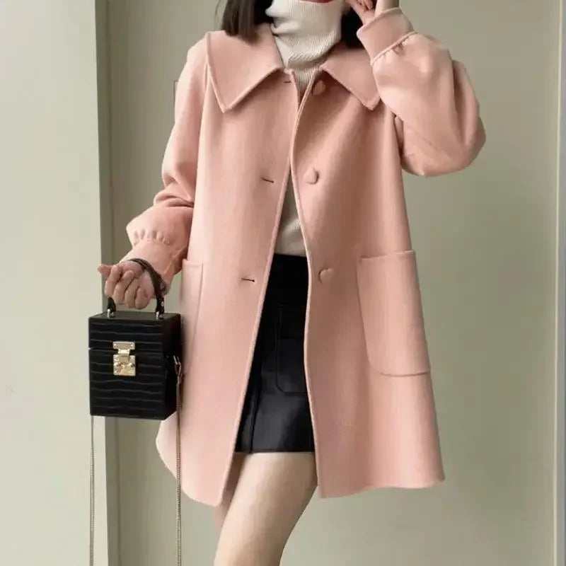 Autumn Winter New Style Slimming Long Coat with Heart Buckle Doll Collar Knitted Outerwear for Women Chinese Brand AE Stock-belleandkai.com