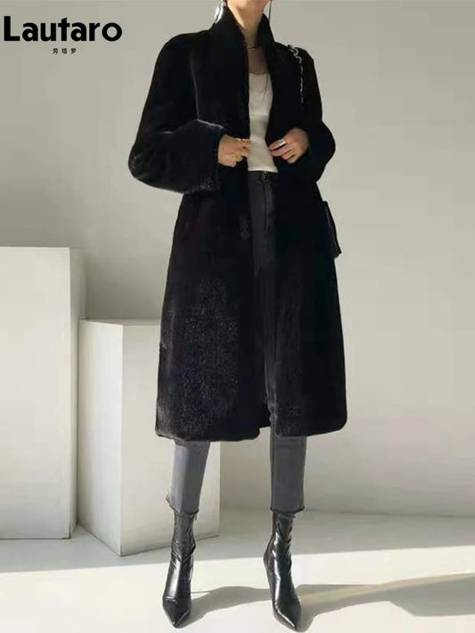 Lautaro Winter Long Black Luxury Elegant Stylish Thick Warm Fluffy Hairy Soft Faux Mink Fur Coat Women Stand Collar Sashes 2023-belleandkai.com