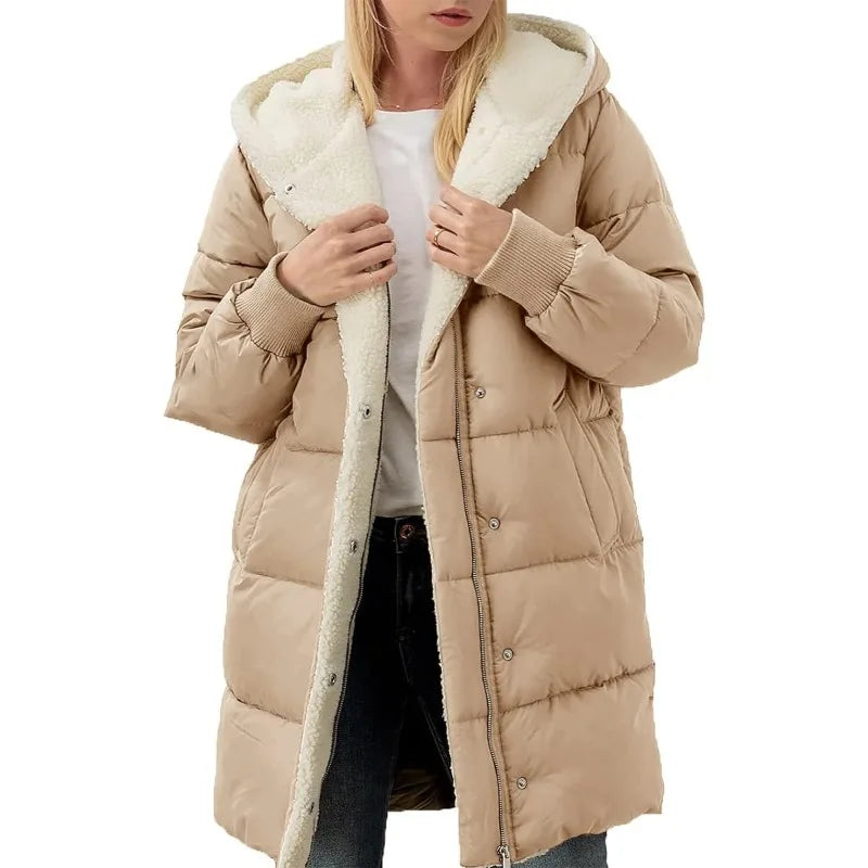 Womens Winter Warm Coats Sherpa Fleece Lined Long Hooded Puffer Jacket-belleandkai.com